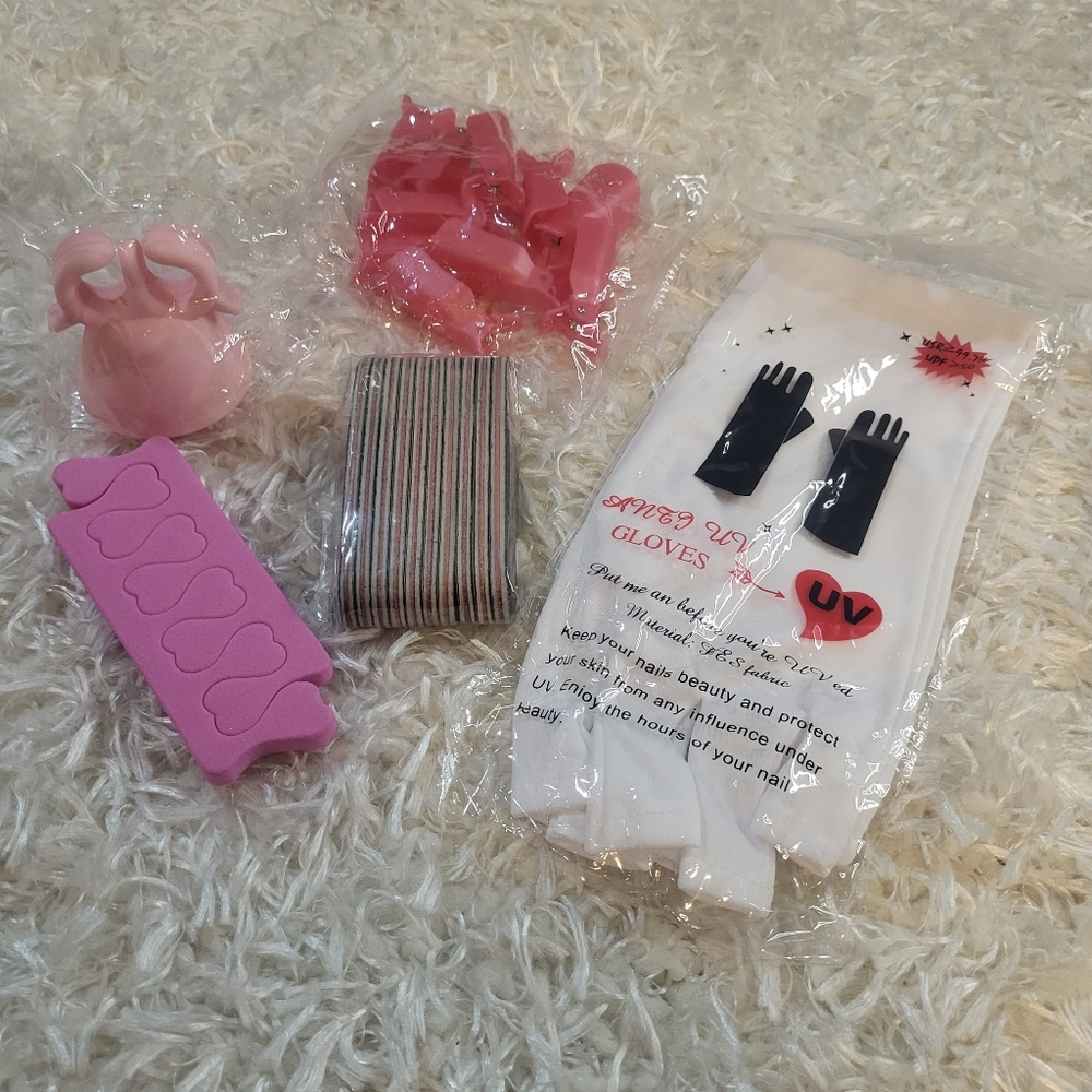 Nail Spa Bundle, Cap clips, Fingernail Files, Gloves -Pink- New